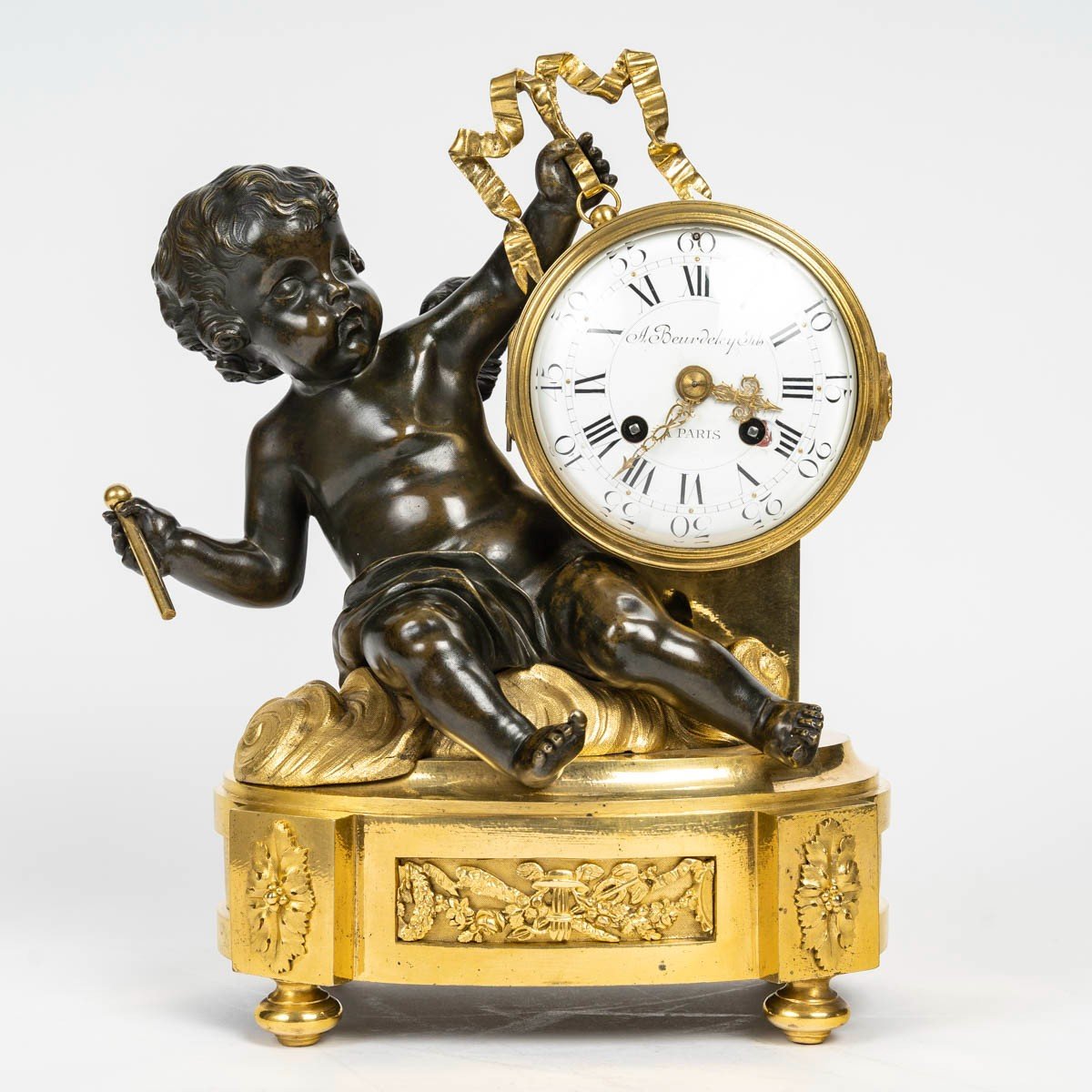 BEURDELEY Fils, à Paris- Pendule en bronze doré et patiné au Putto Tambourinaire, circa 1880-photo-2