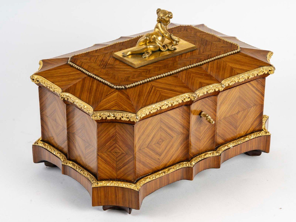 Marquetry And Gilt Bronze Jewelry Box With The Image Of Eve, Circa 1860.