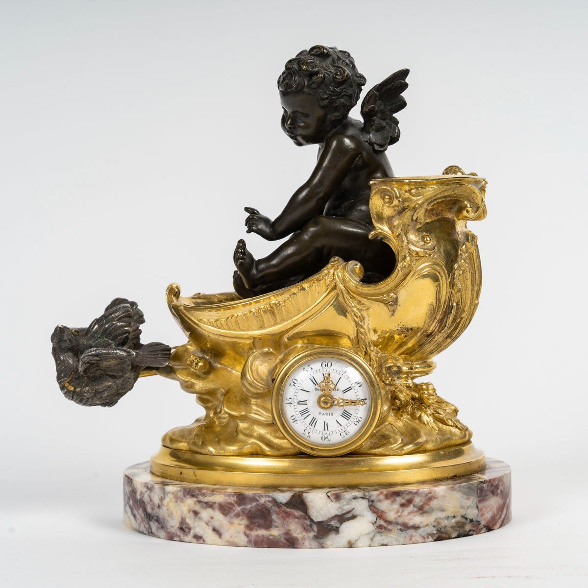 A.moreau & Susse Freres- Le Char De l'Amour. Pendulette En Bronze à Double Patine. Circa 1890-photo-2