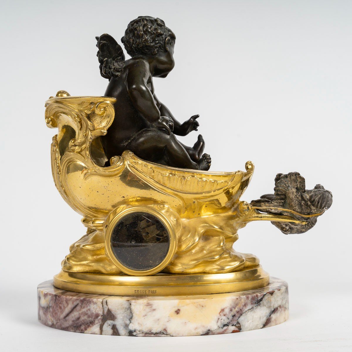 A.moreau & Susse Freres- Le Char De l'Amour. Pendulette En Bronze à Double Patine. Circa 1890-photo-1