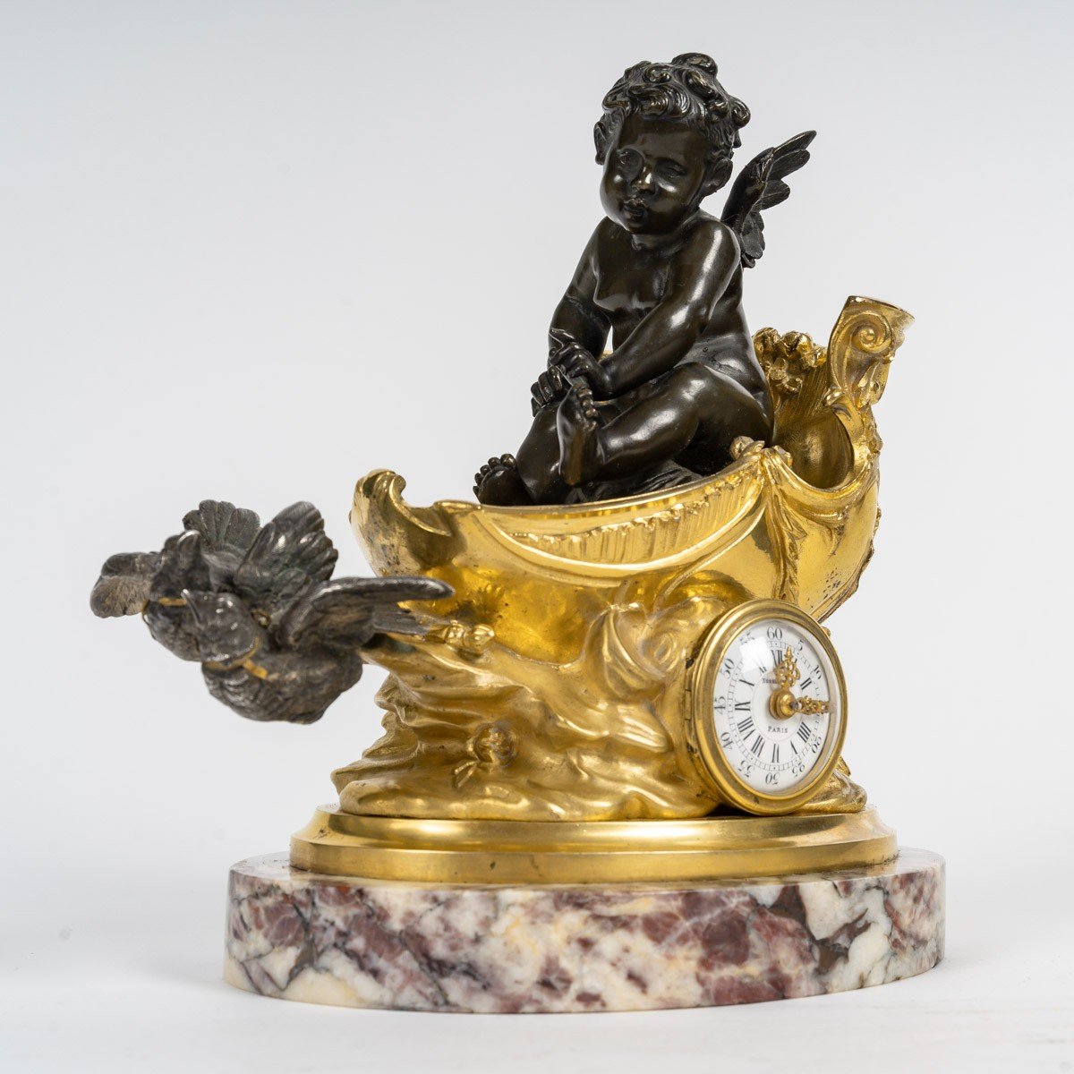 A.moreau & Susse Freres- Le Char De l'Amour. Pendulette En Bronze à Double Patine. Circa 1890