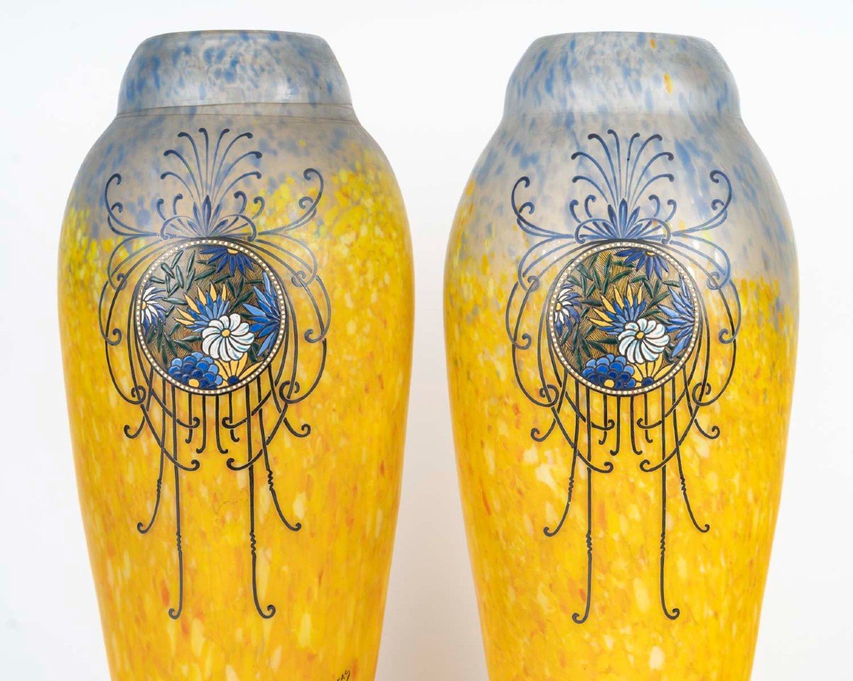 Legras-"printania", Paire De Vases à Décor Floral Sur Fond Marmoréen. Modèle Créé Vers 1910 -photo-2