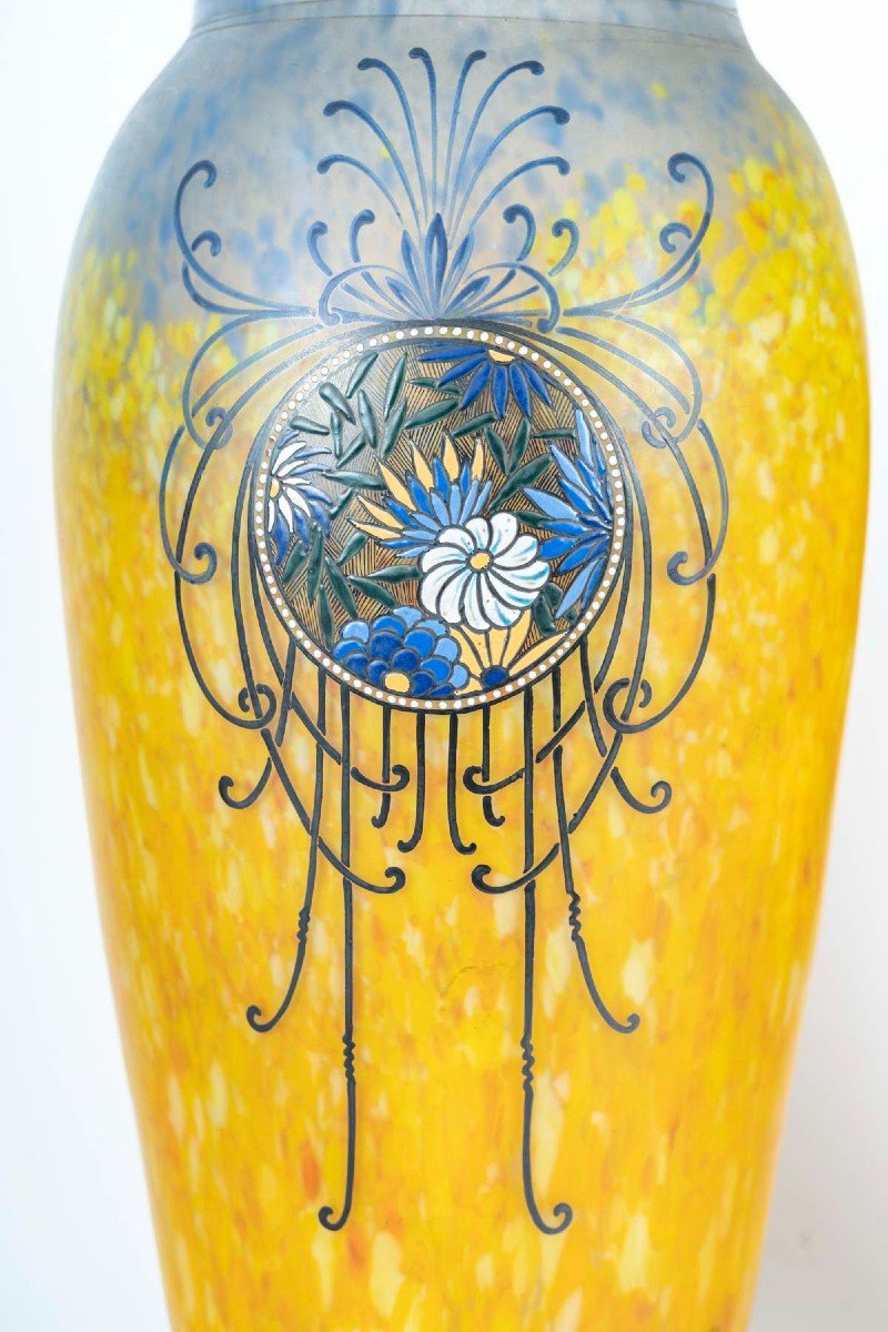 Legras-"printania", Paire De Vases à Décor Floral Sur Fond Marmoréen. Modèle Créé Vers 1910 -photo-3