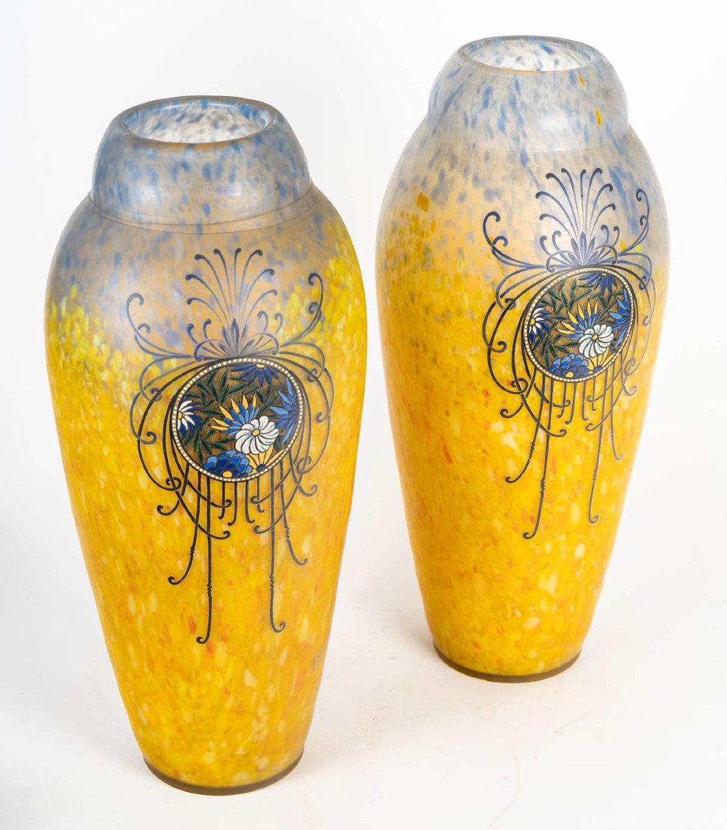 Legras-"printania", Paire De Vases à Décor Floral Sur Fond Marmoréen. Modèle Créé Vers 1910 -photo-4