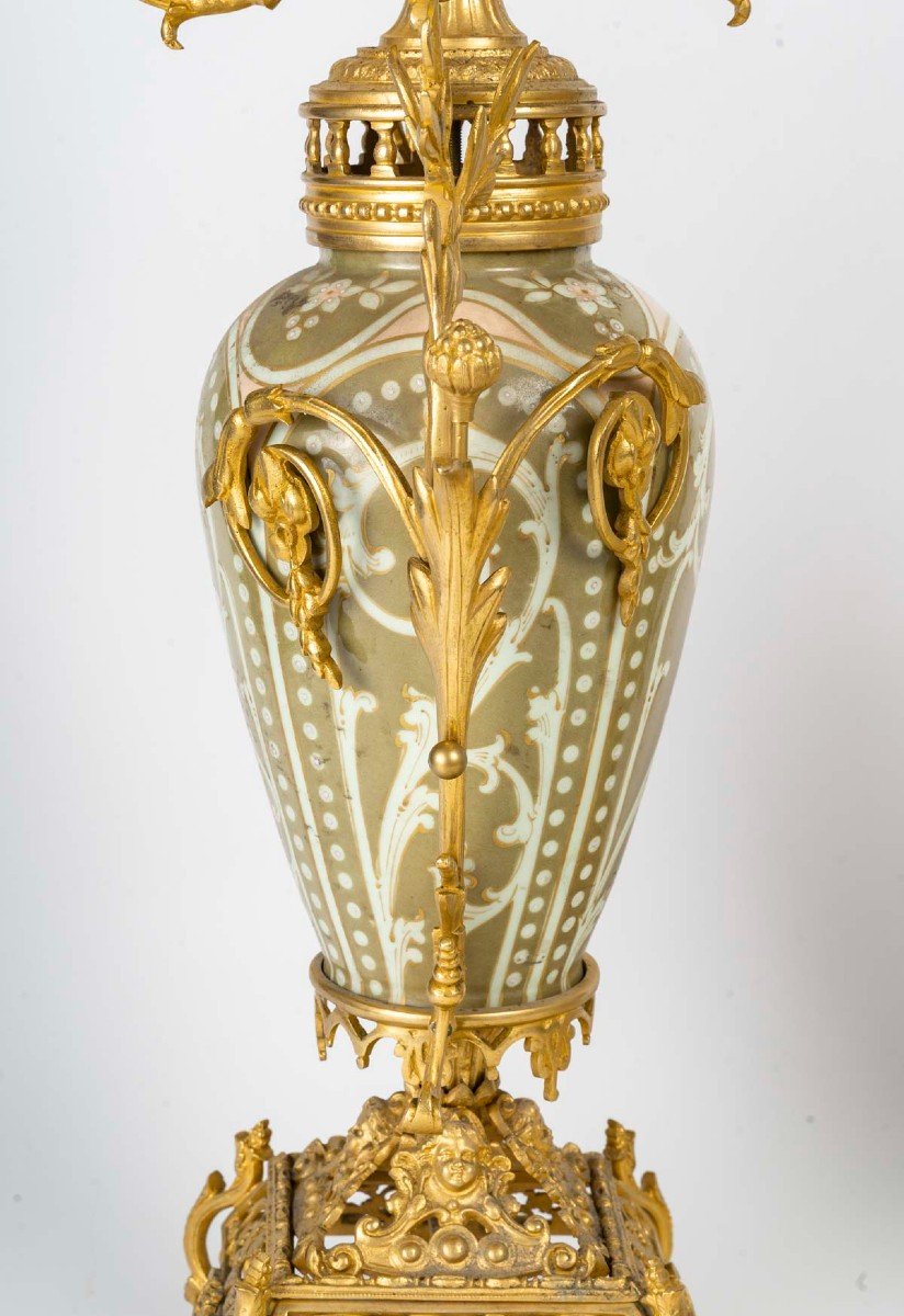 Paire De Vases - Candélabres En Bronze Doré Et Porcelaine Céladon d'Epoque Napoléon III-photo-4