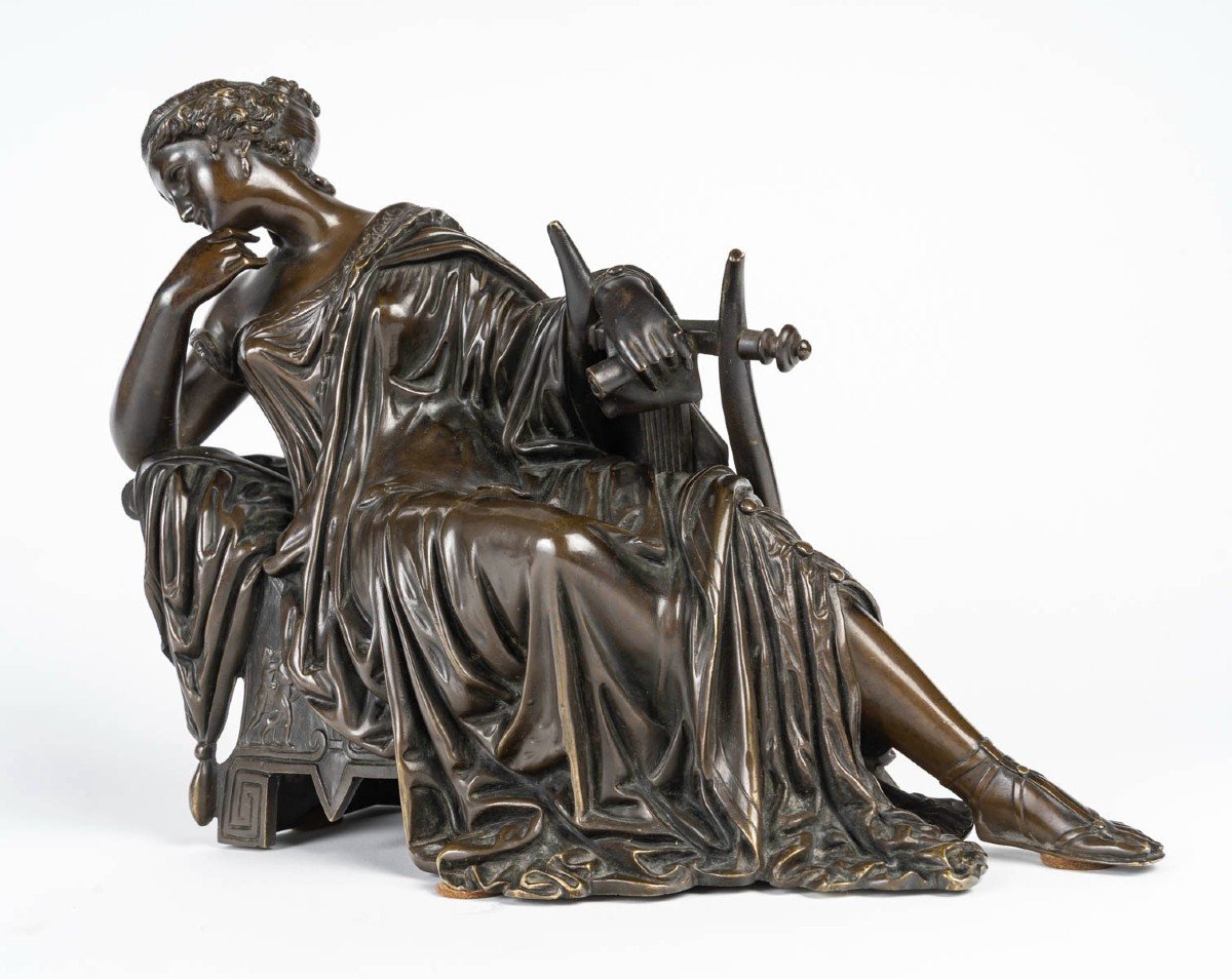 Sappho, Ou l'Inspiration Poétique -statuette En Bronze à Patine Brune. Circa 1860-photo-1