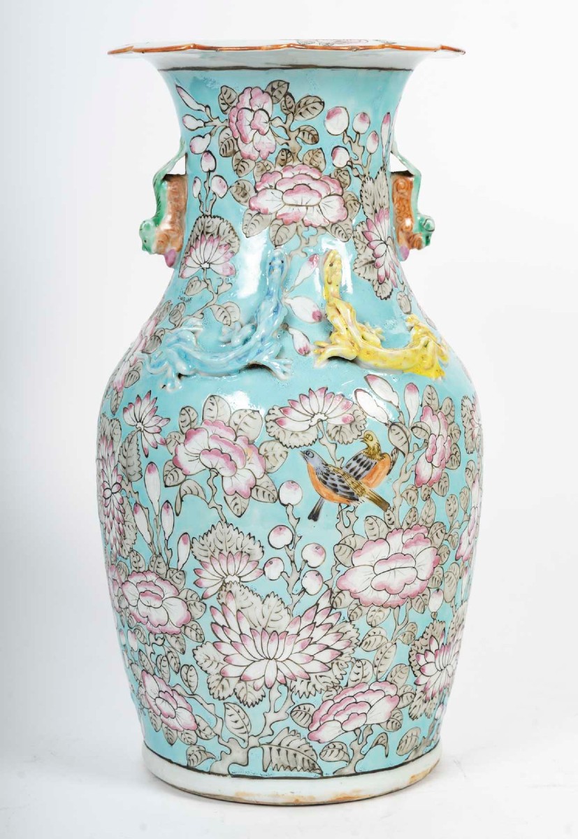 Chine (porcelaine De Canton)- Vase d'Ornement Aux Lézards-dragons, XXe