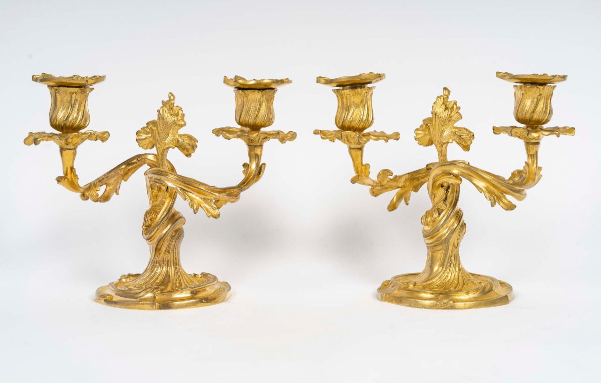  Bouts-de-table " Aux Feuillages Fleuris" En Bronze Doré De Style Louis XV . Circa 1880-photo-2