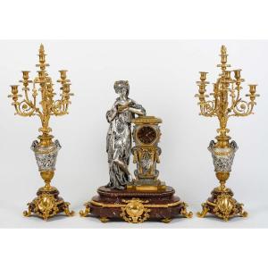 Lemerle-charpentier, Paris- Vestale Et Bacchanale. Garniture d'Apparat En Bronze Doré-argenté