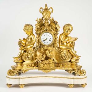 Deniere, In Paris- Children In Study. Large Clock In Gilt Bronze And Marble XIX.