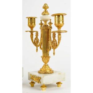 Pair Of Louis XVI Style Candelabra In Gilt Bronze And Marble Base. 19th Century Period