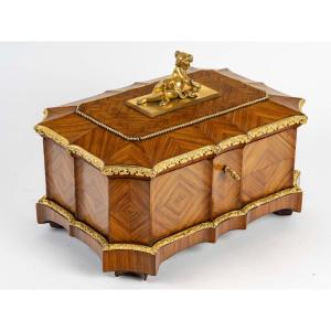 Marquetry And Gilt Bronze Jewelry Box With The Image Of Eve, Circa 1860.