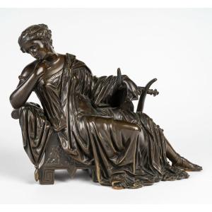 Sappho, Ou l'Inspiration Poétique -statuette En Bronze à Patine Brune. Circa 1860