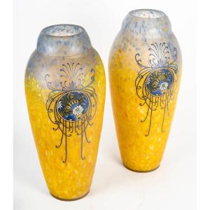 Legras-"printania", Pair Of Large Vases With Floral Decoration On A Marbled Background. Model Circa 1910