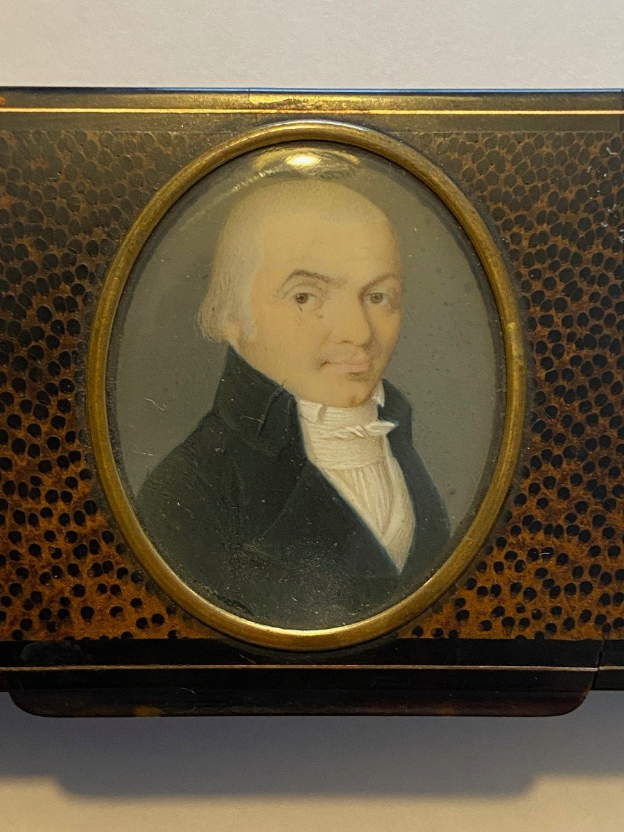 Miniature On Tortoiseshell Box, Portrait Of A Man, 19th Century-photo-2