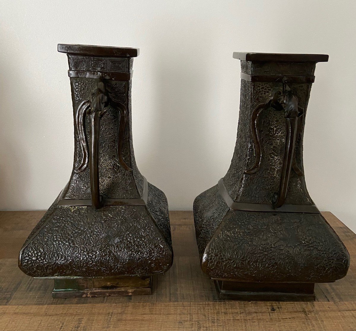 Pair Of Bronze Vases, Handles With Elephant Decor, Asia-photo-2