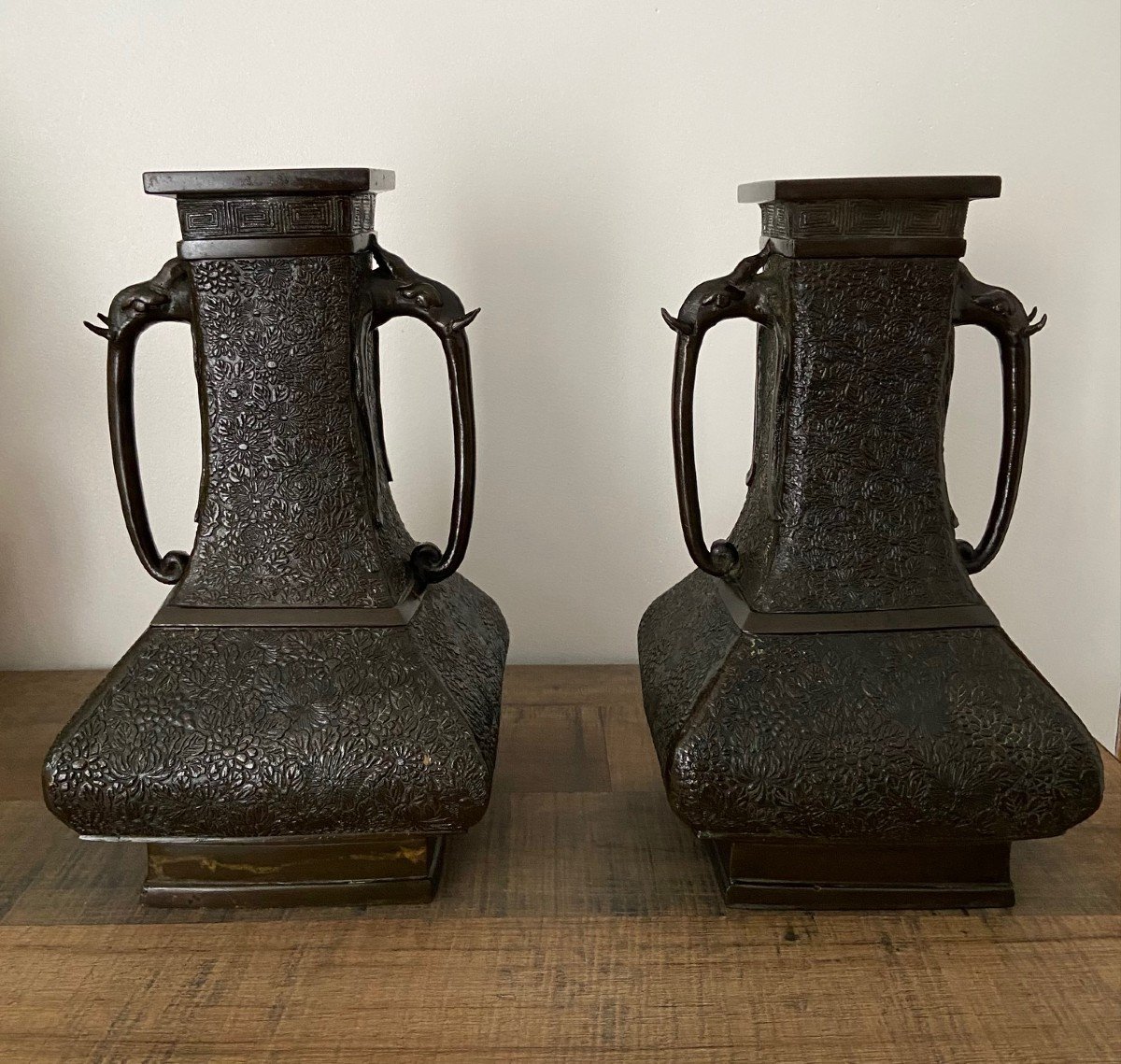 Pair Of Bronze Vases, Handles With Elephant Decor, Asia