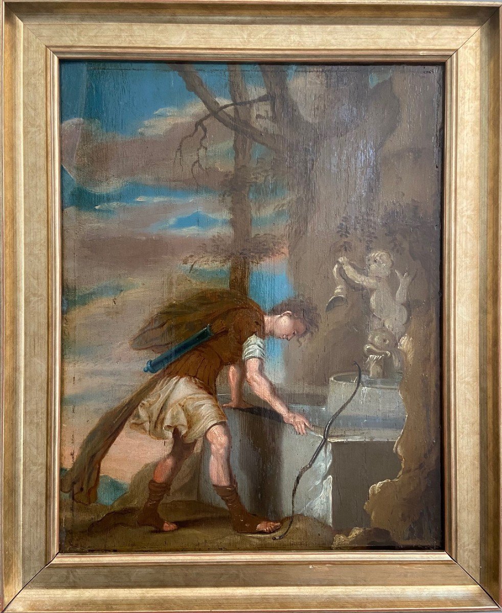 Narcisse, Huile Sur Panneau Du XVIIIème, Scène Mythologique-photo-2