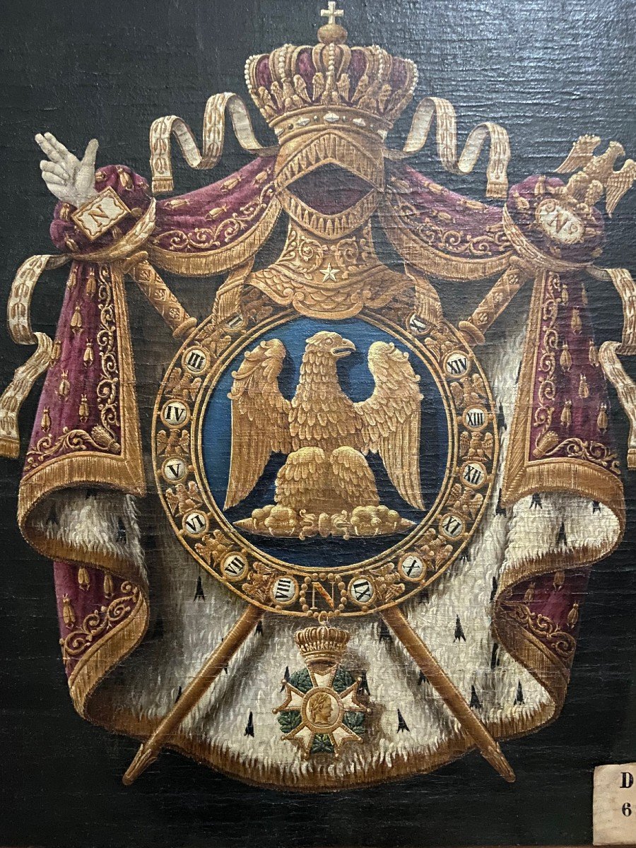 Les Grandes Armes De Napoléon III, Huile Sur Toile Du XIXème Siècle-photo-2