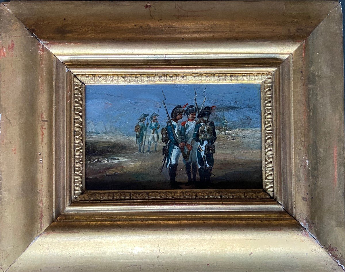 Pendant Scènes De Guerres Napoléoniennes, Huiles Sur Panneau époque Empire-photo-2