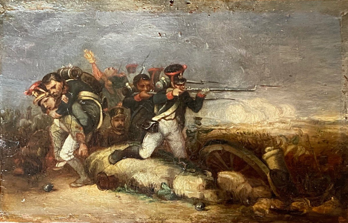 Pendant Scènes De Guerres Napoléoniennes, Huiles Sur Panneau époque Empire-photo-3