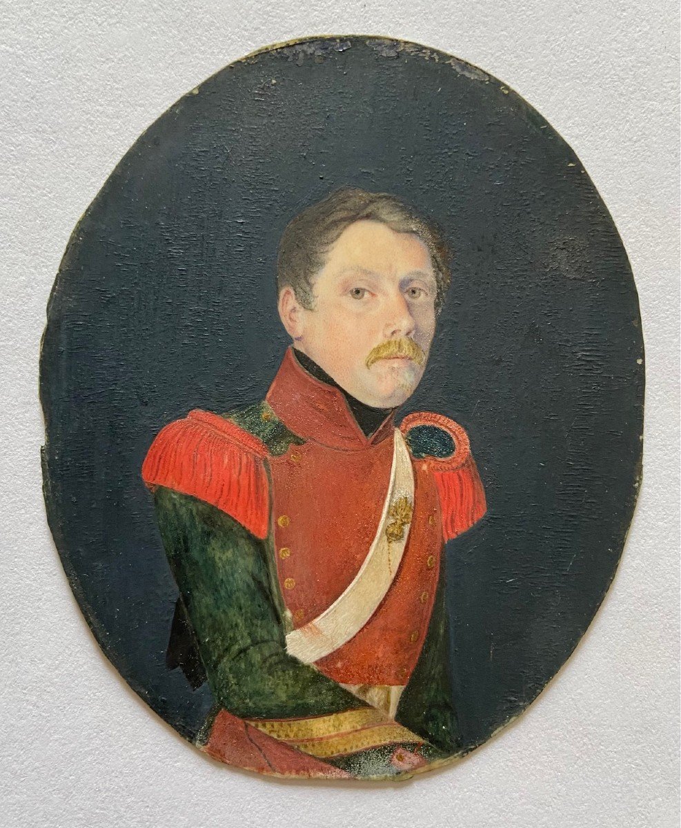 Large Miniature On Ivory, Portrait Of A Dragoon Officer Circa 1830-photo-2