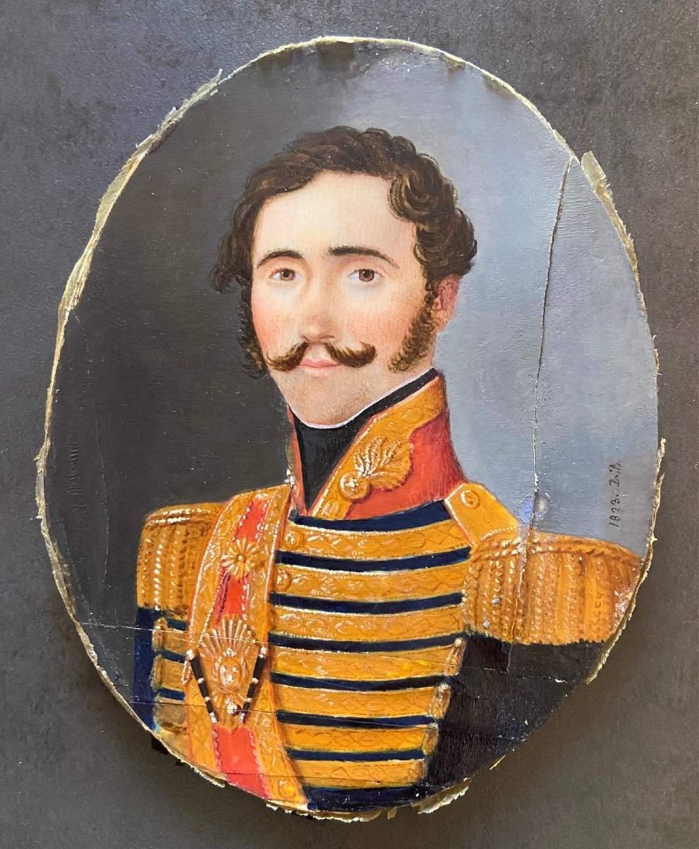 Grande Miniature sur ivoire, Portrait d'Officier Tambour Major, 1823-photo-2