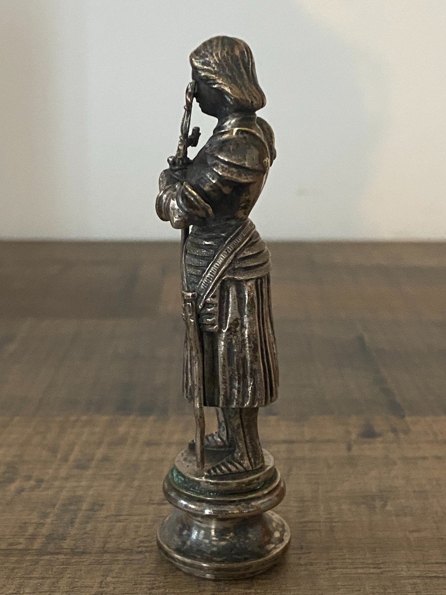 Sceau à Cacheter En Bronze Argenté à l'Effigie De Jeanne d'Arc, Fin XIXème Siècle-photo-2