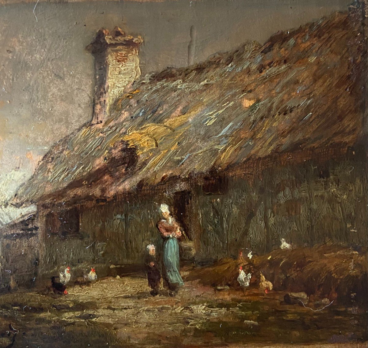 Antoine Richard, Cour De Ferme, Huile Sur Panneau XIXème Siècle-photo-4