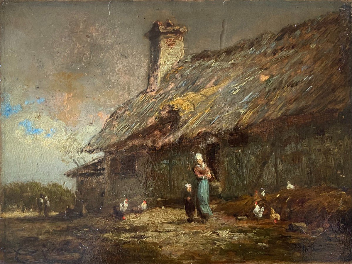 Antoine Richard, Cour De Ferme, Huile Sur Panneau XIXème Siècle-photo-1