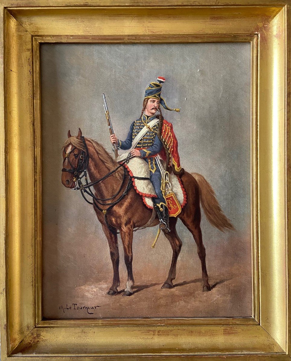 Charles Le Tourneur, Hussard Sous La Révolution, Huile Sur Toile Début XXème