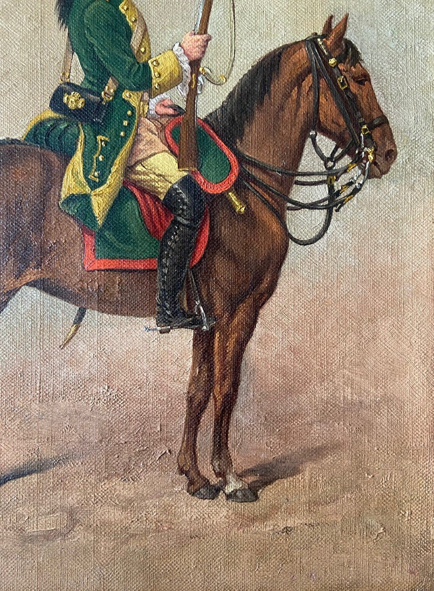 Charles Le Tourneur, Officier Dragon Sous l'Ancien Régime, Huile Sur Toile Début XXème Siècle-photo-2