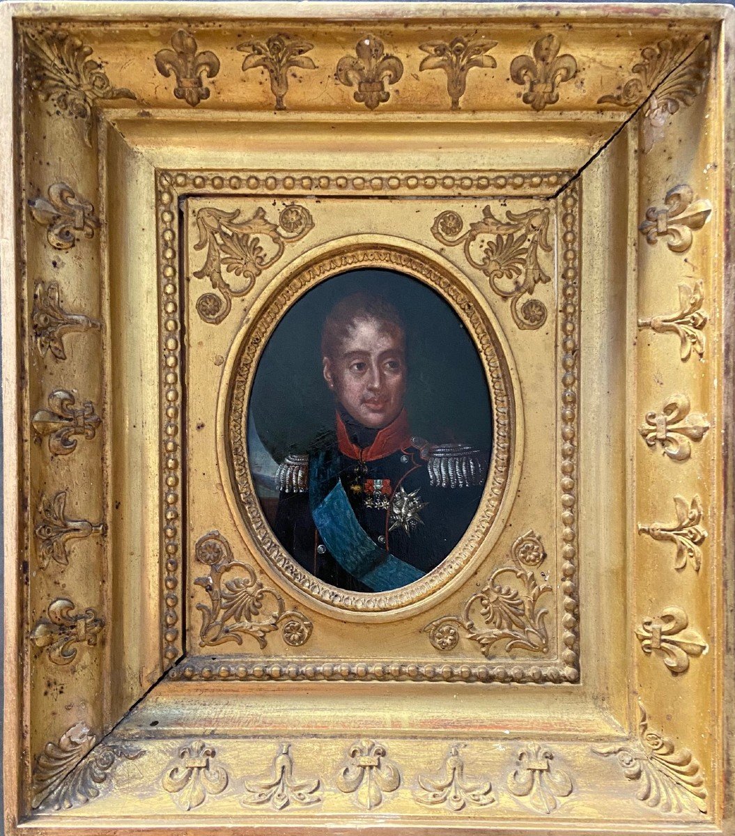 Portrait Of King Charles X, Miniature On Wood Panel From The 19th Century