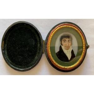 Miniature Sur Ivoire - Portrait d'Un Elégant Dans Son écrin En Cuir - Epoque Restauration 