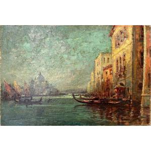 Vue De Venise Signée L. Lemoigne, Huile Sur Panneau