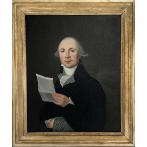 Portrait d'Homme à La Lettre, époque Consulat/directoire, Huile Sur Toile Fin XVIIIème