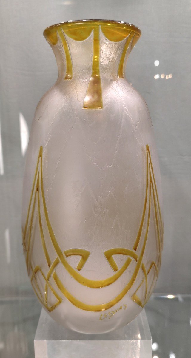 Legras - Vase Decorated With Acid-cleared Yellow Geometric Patterns.