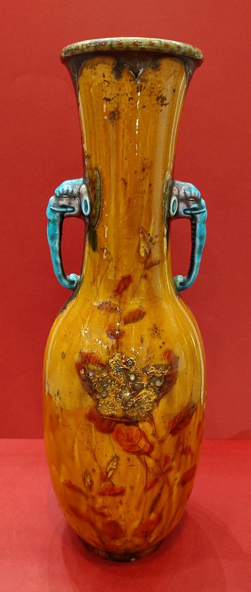 Théodore Deck (1823-1891) - Vase Decorated With Birds And Flowers With Elephant Head Handles-photo-2