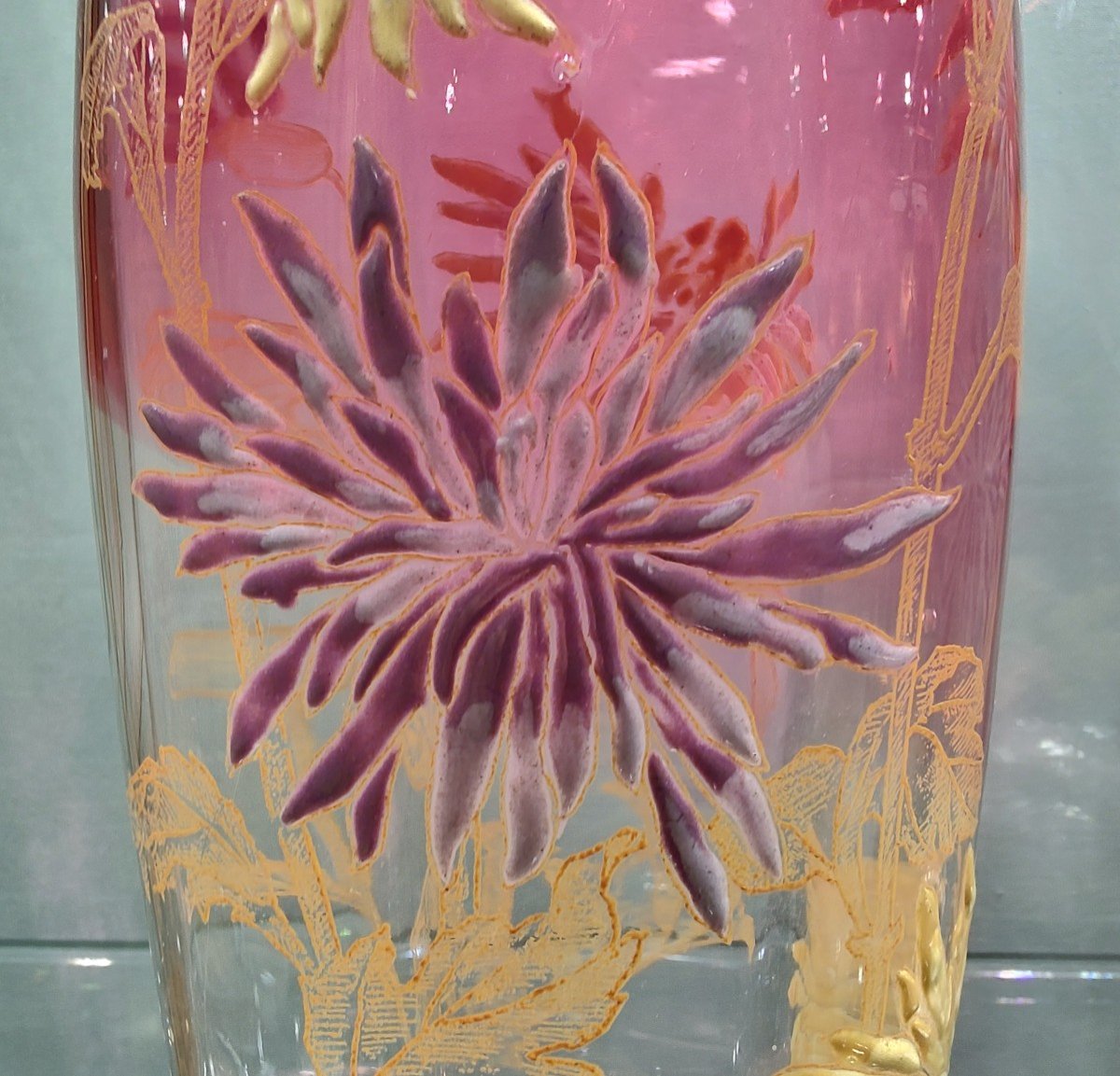 Legras - Paire De Vases « Olga » à Décor De Fleurs De Tokyo Et Feuillage Guilloché Or.-photo-2