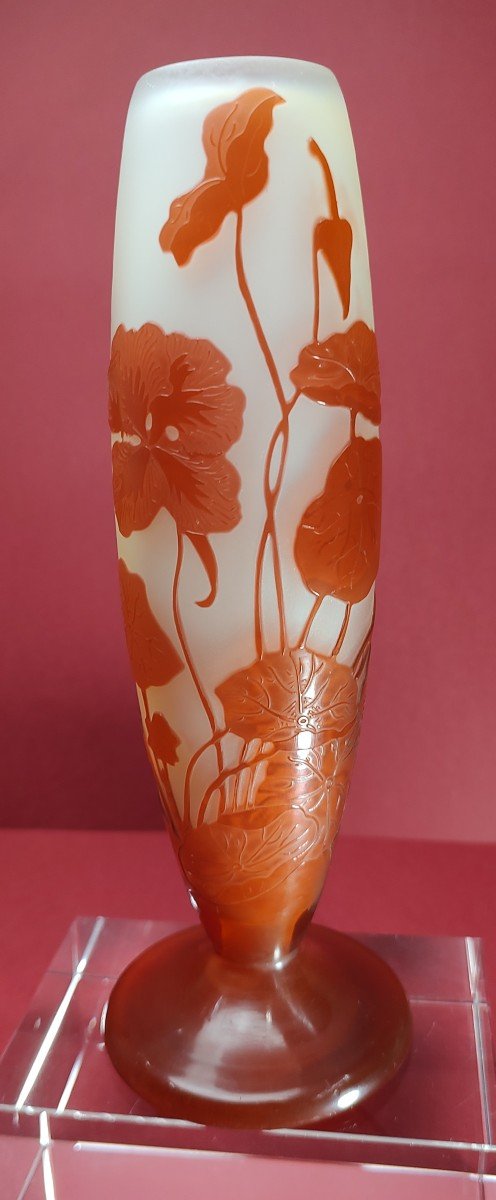 Etablissements Gallé - Vase Decorated With Orange Nasturtiums On A White Background.