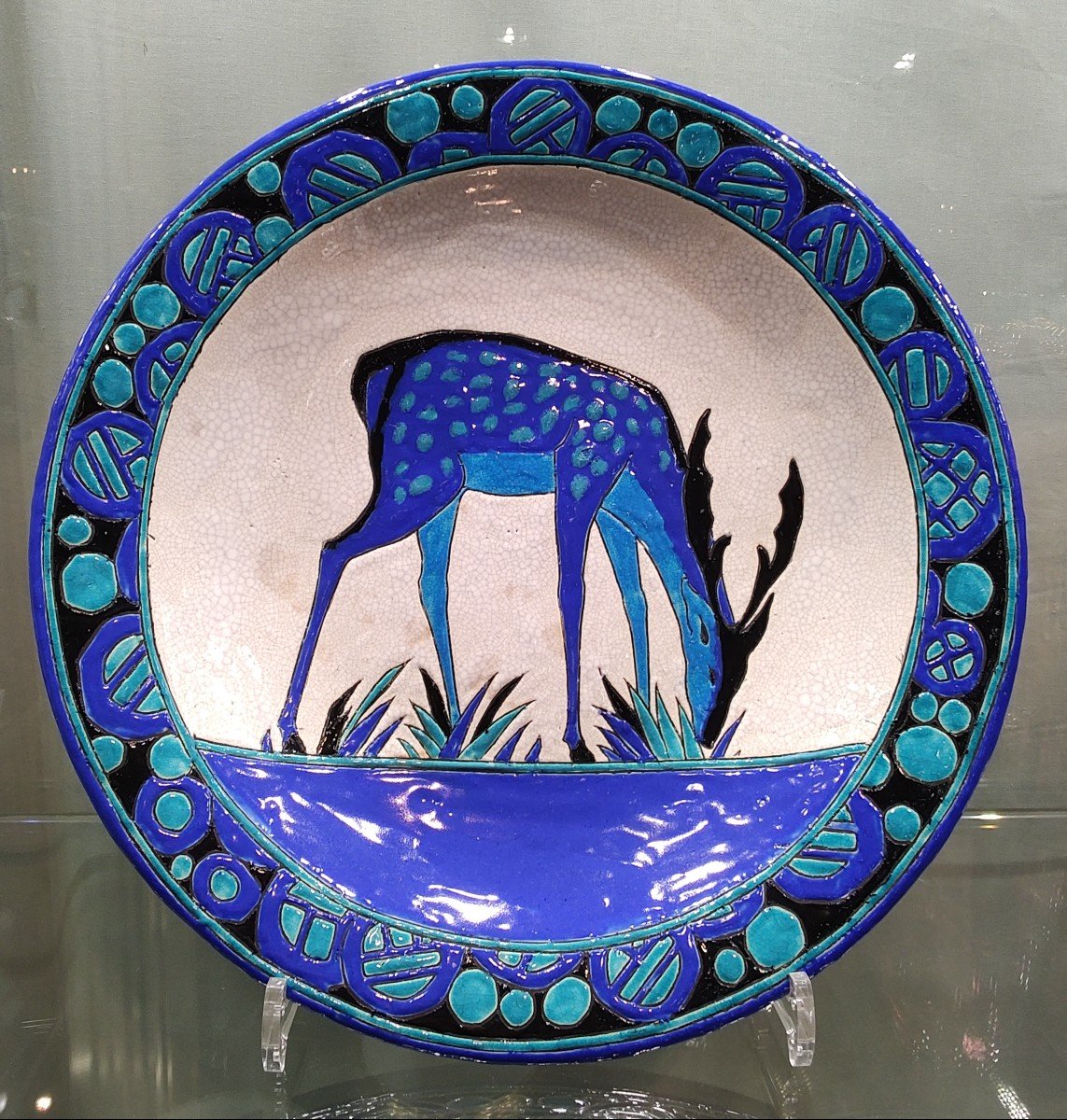 Catteau Charles - Boch Frères - Round Dish Decorated With A Doe Grazing On Grass.