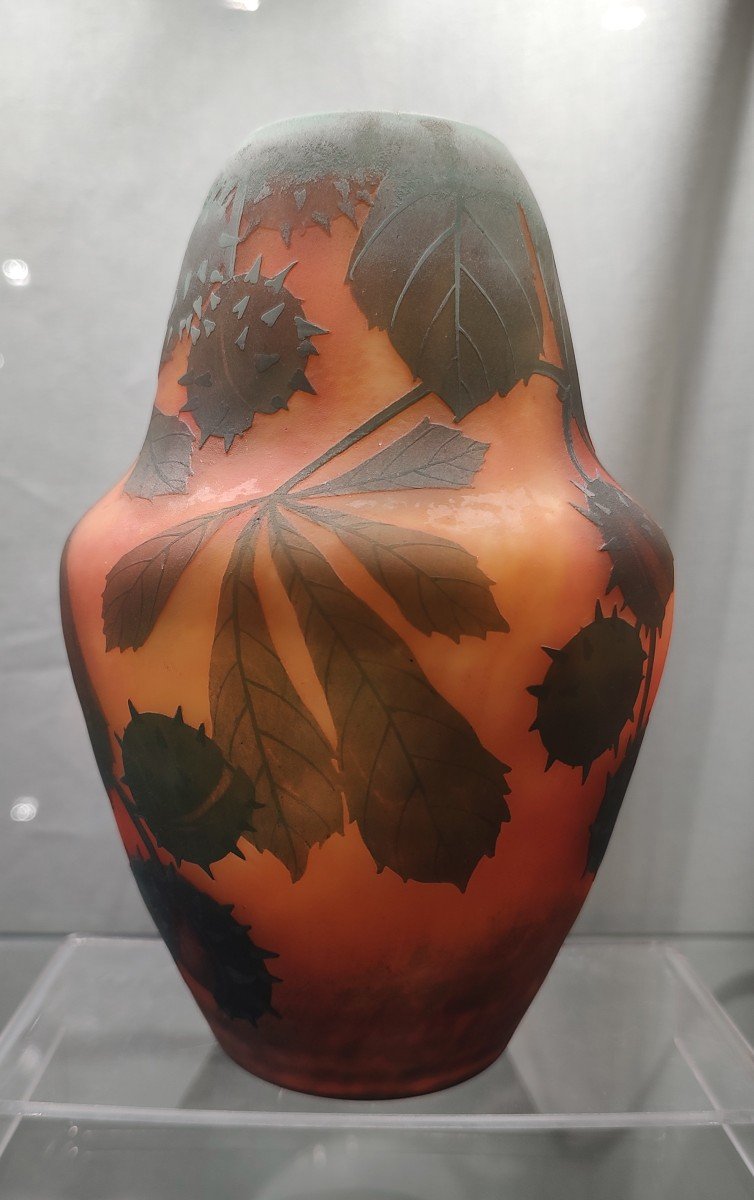 Daum Nancy - Vase With Acid-erased Decor Of Chestnut Leaves And Fruits.-photo-2