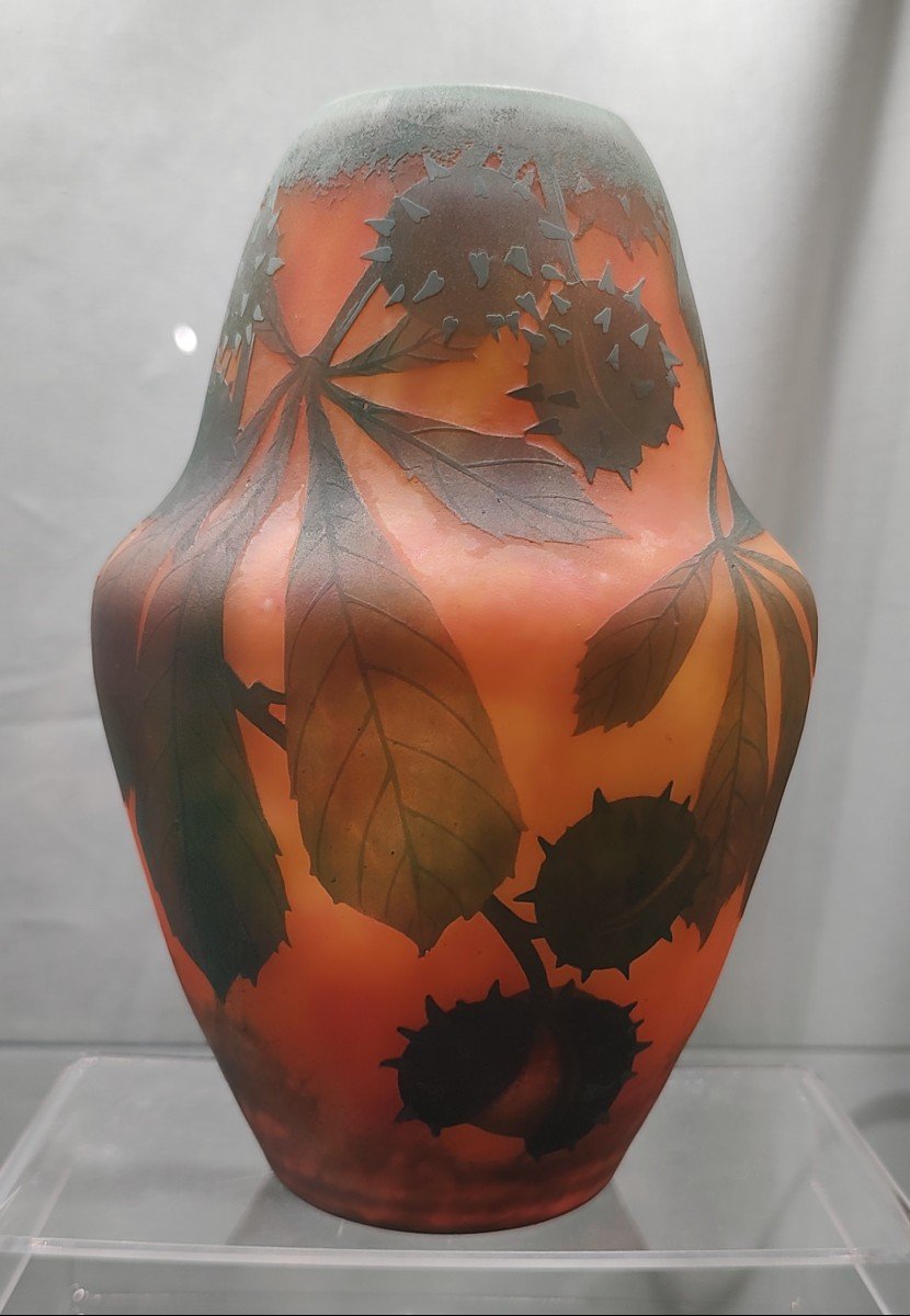 Daum Nancy - Vase With Acid-erased Decor Of Chestnut Leaves And Fruits.