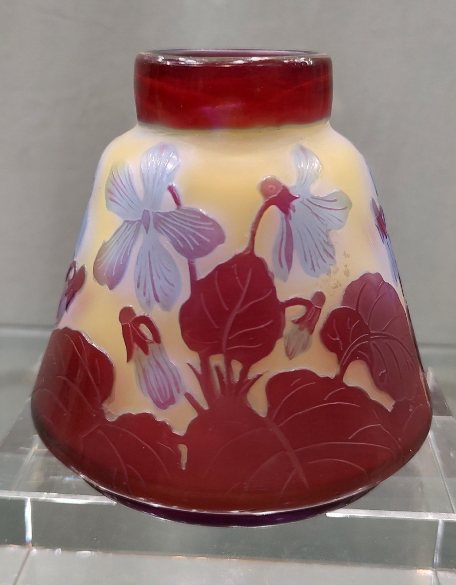 Etablissements Gallé 1904/1936 - Conical Vase With Straight Neck Decorated With Blue And Bordeaux Fuchsias-photo-2