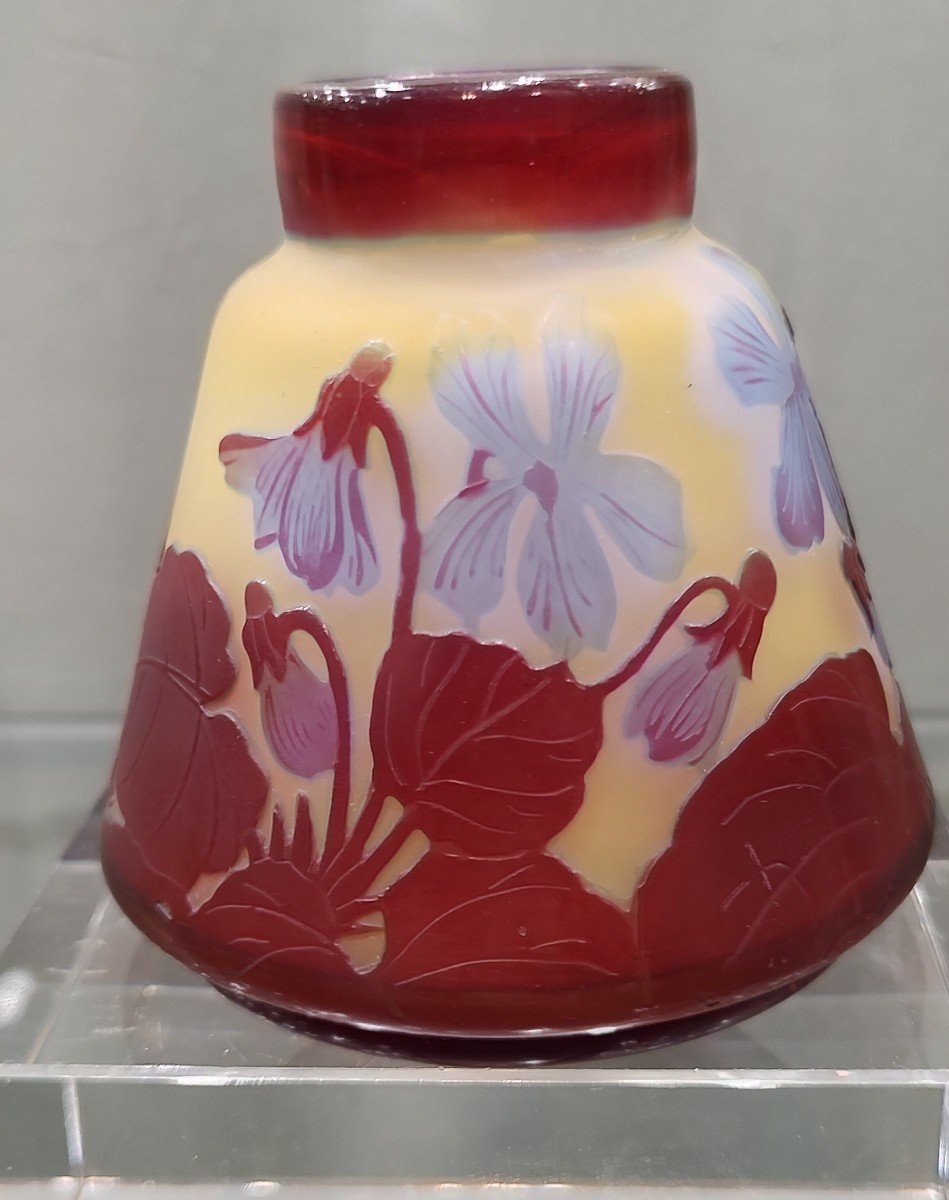 Etablissements Gallé 1904/1936 - Conical Vase With Straight Neck Decorated With Blue And Bordeaux Fuchsias-photo-3