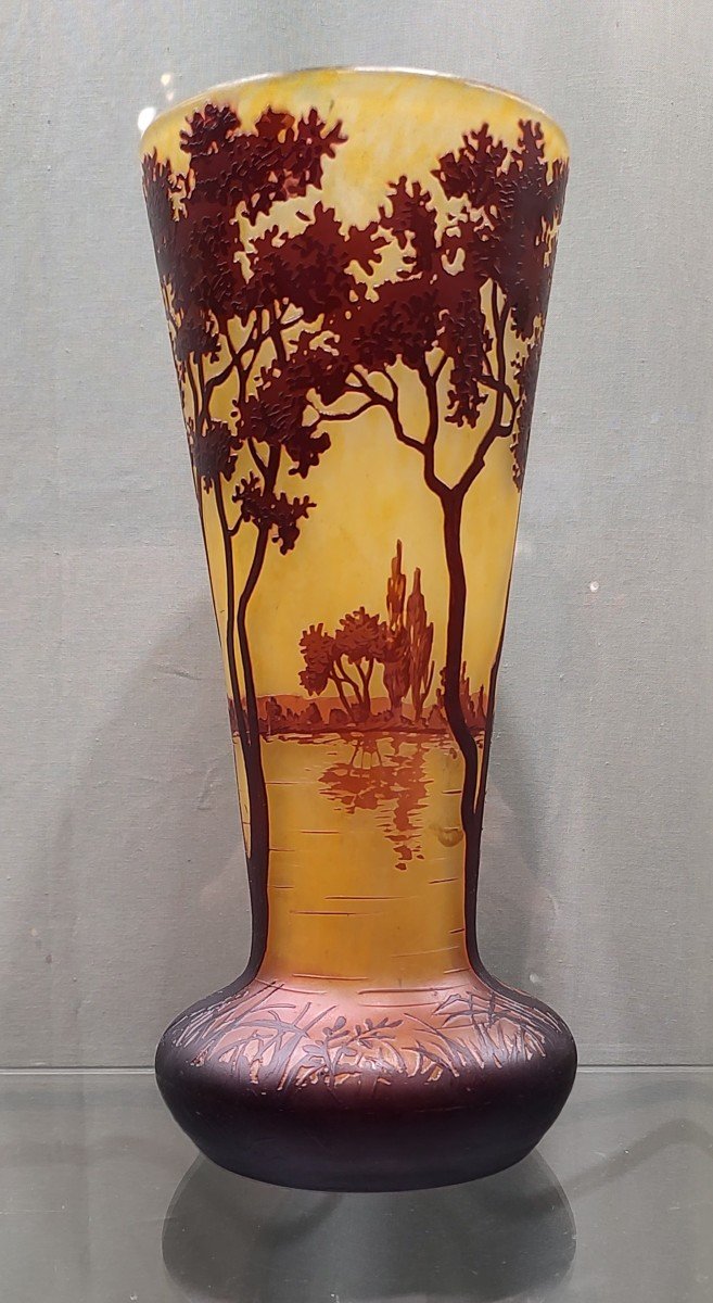 Daum Nancy Conical Shaped Vase With Rotating Decoration Of A Tree-lined Maritime Landscape.-photo-2