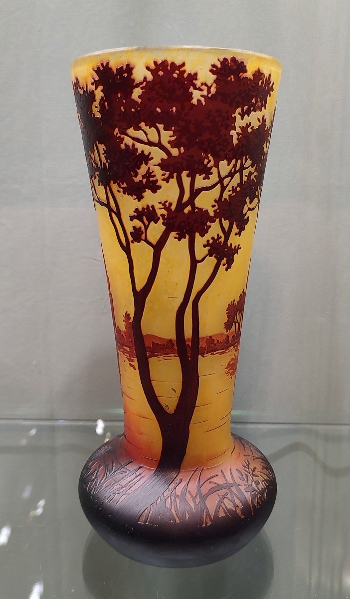 Daum Nancy Conical Shaped Vase With Rotating Decoration Of A Tree-lined Maritime Landscape.-photo-3