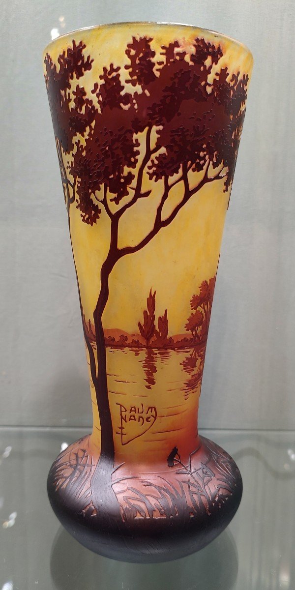 Daum Nancy Conical Shaped Vase With Rotating Decoration Of A Tree-lined Maritime Landscape.-photo-4