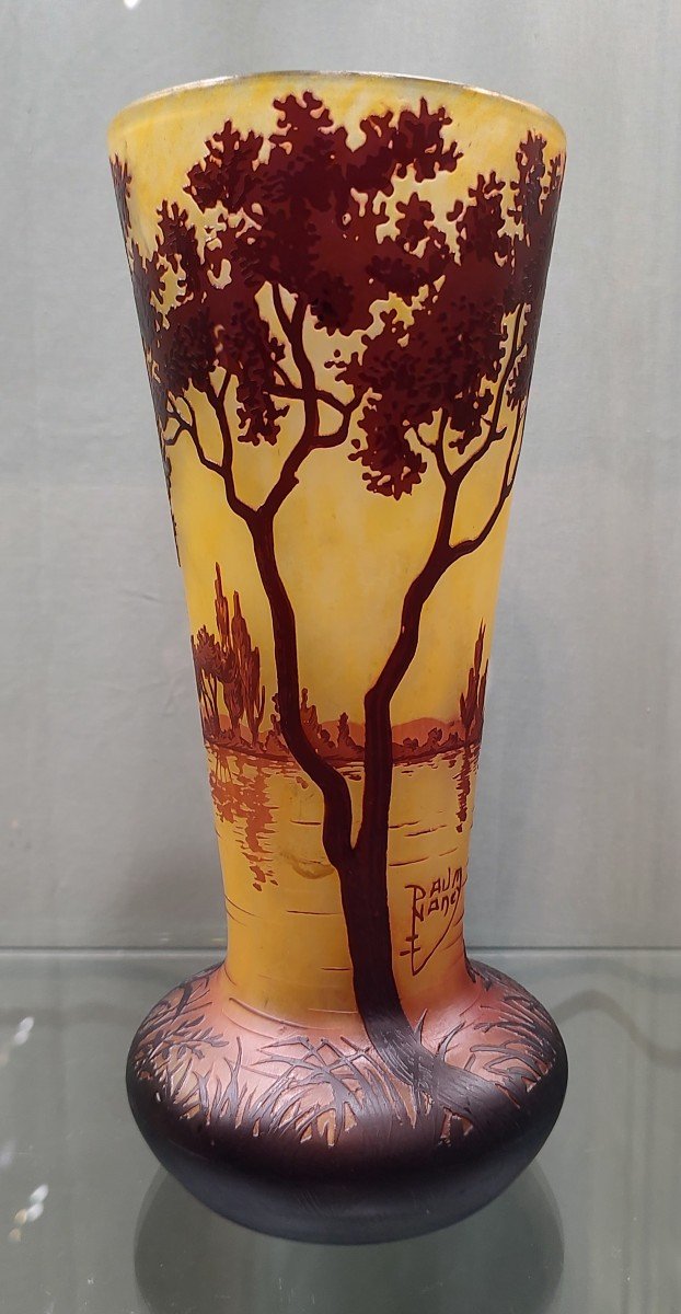 Daum Nancy Conical Shaped Vase With Rotating Decoration Of A Tree-lined Maritime Landscape.-photo-1