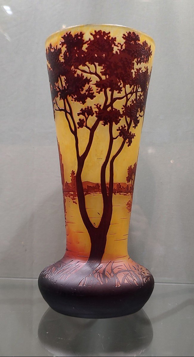 Daum Nancy Conical Shaped Vase With Rotating Decoration Of A Tree-lined Maritime Landscape.-photo-2